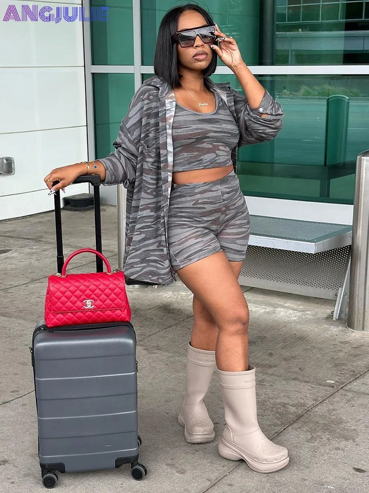 

Angjulie Summer Camouflage Outfits For Women 2023 Sleeveless Slim Crop Top +Elasticy Shorts +Long Loose Coat Matching Streetwear