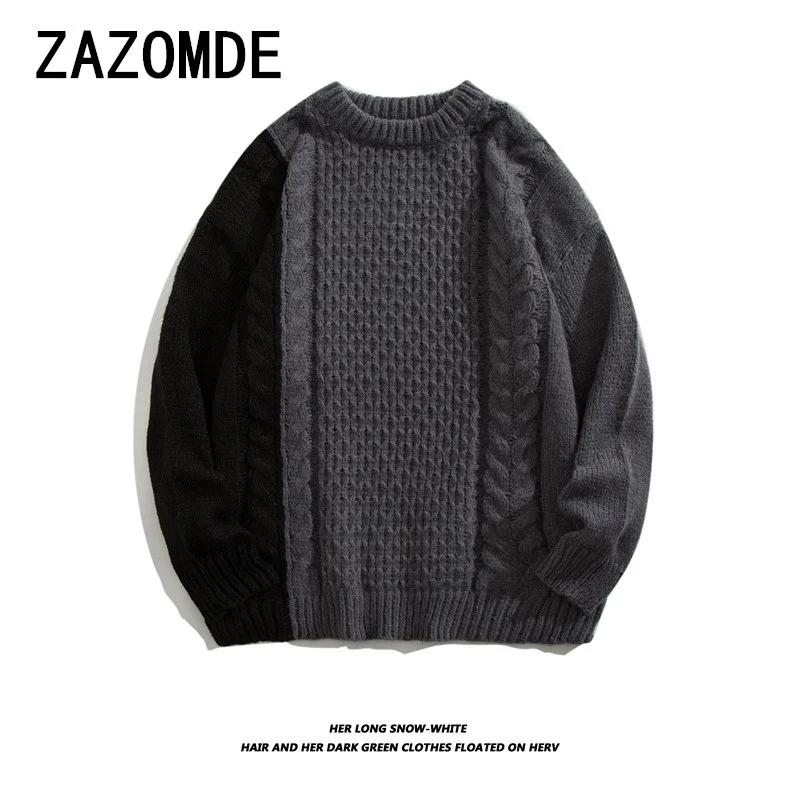 ZAZOMDE Vintage บล็อกสีรอบคอเสื้อกันหนาวสําหรับบุรุษและสตรี Casual Streetwear หลวม Fit เสื้อถักอินเทรนด์เสื้อคู่