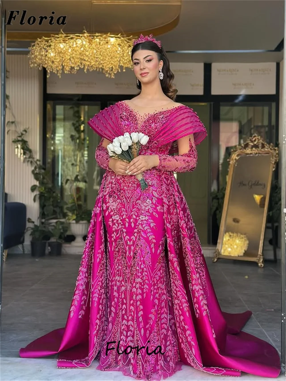 

Middle East Fuchsia Beaded Evening Dresses With Overskirt 2025 Dubai Long Sleeves Engagement Party Gowns Prom Dress Customized