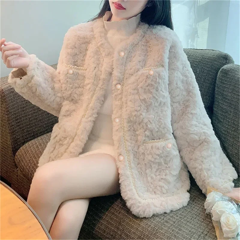 

Pop Pop 2025 Winter New French Rabbit-like Plush Coat Female Retro Fur One Cardigan Coat Faux Fur Jacket Ladies Short Jackets Sp