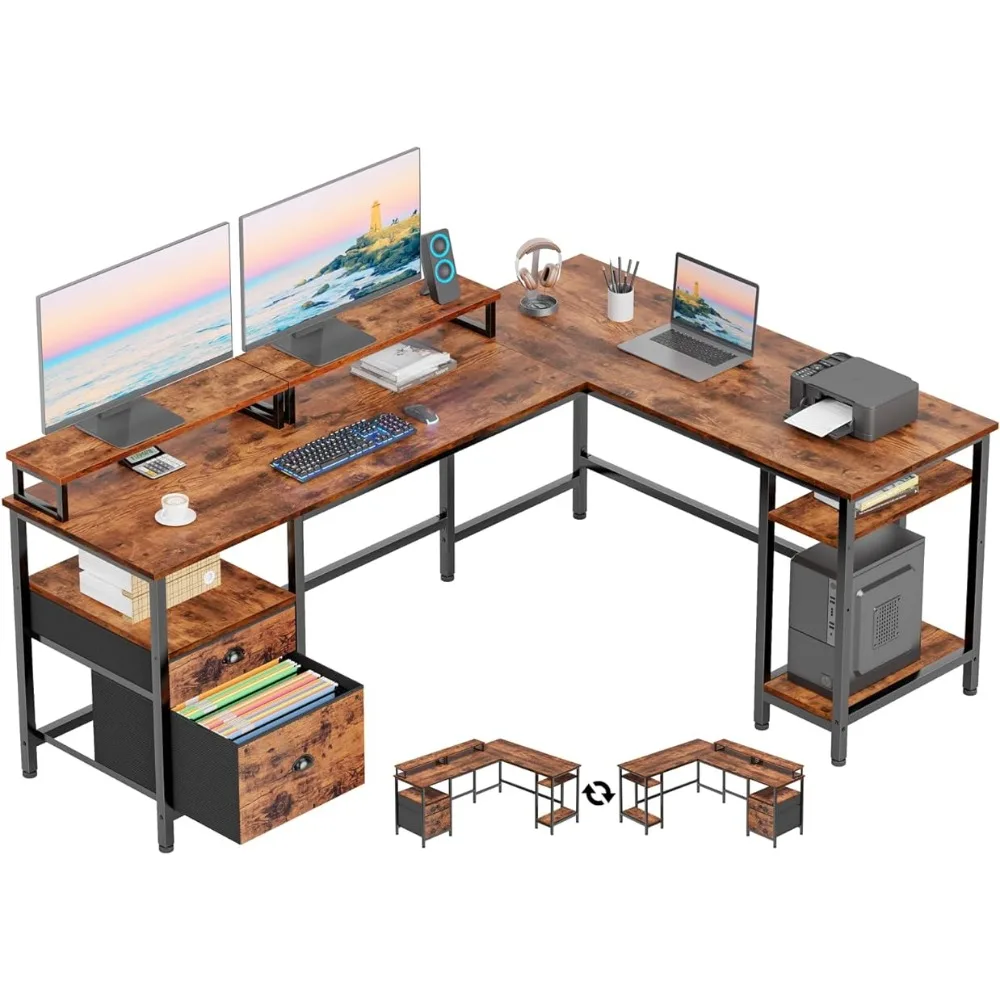 

66" L Shaped Computer Desk with Shelves, Reversible Corner Gaming Desk with File Drawer and Dual Monitor Stand