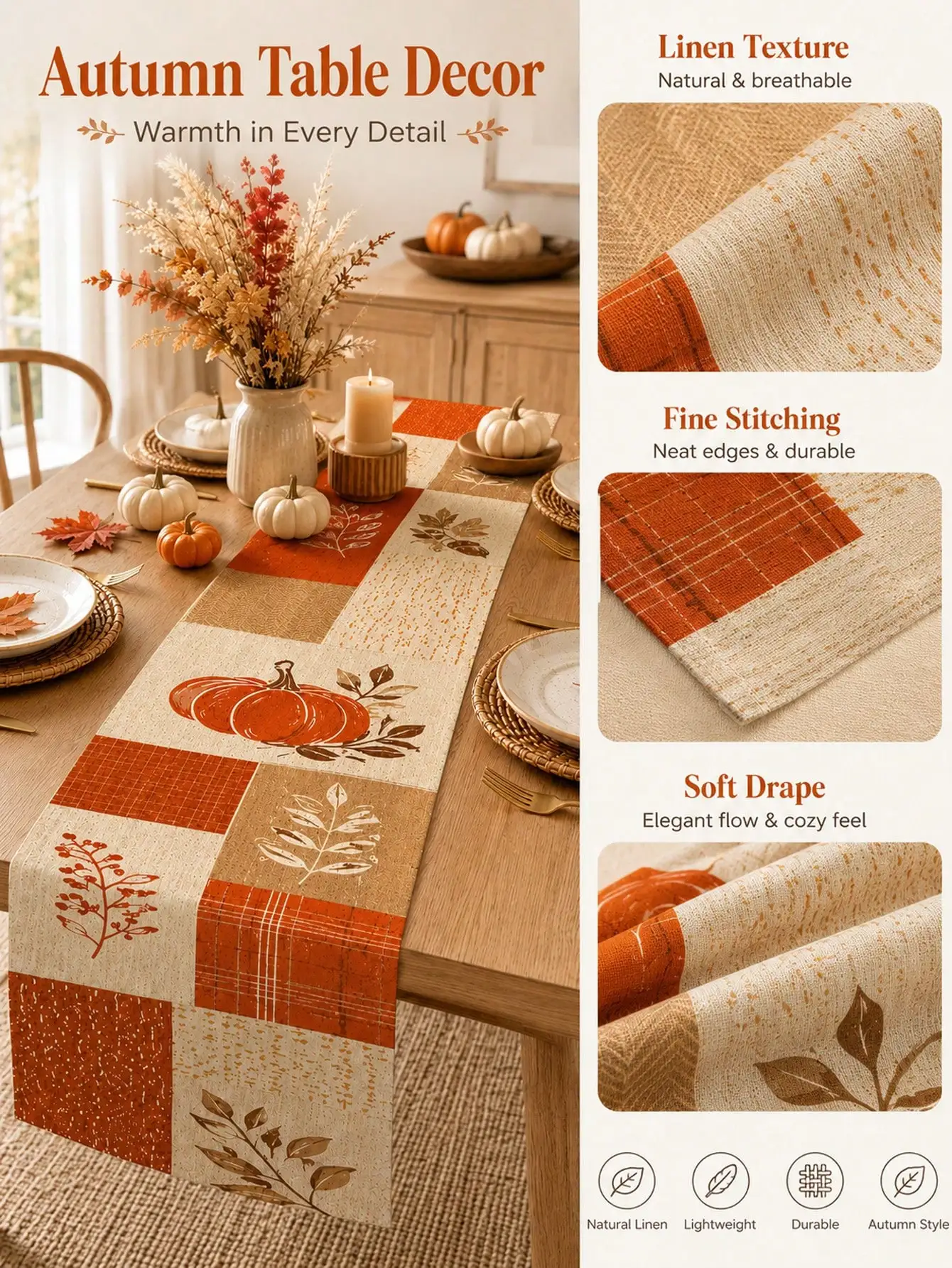 1pc-Fall Linen Table Runner, Patchwork Pumpkin Maple Leaf Table Decor, Rustic Farmhouse Autumn Dining Table Runner For Kitchen, Thanksgiving Harvest Holiday Decoration, Seasonal Centerpiece Cover For Everyday Use, Parties And Home