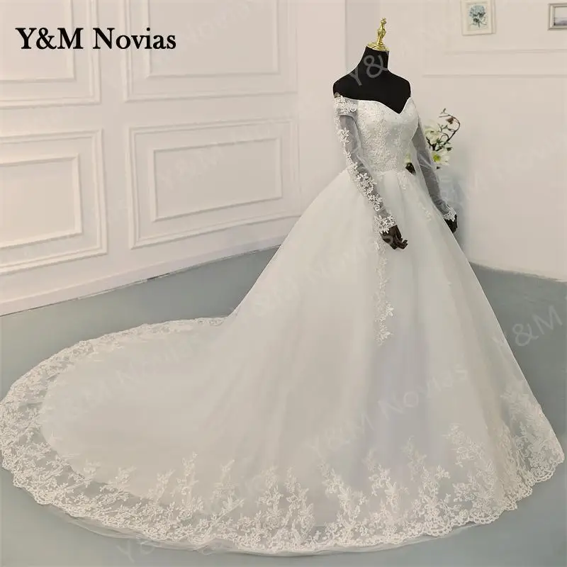 Y & M Novias Off spalla Plus Size Vestido De Noiva 2023 abito da sposa con manica bianco puro avorio pizzo Appliqes perle da sposa