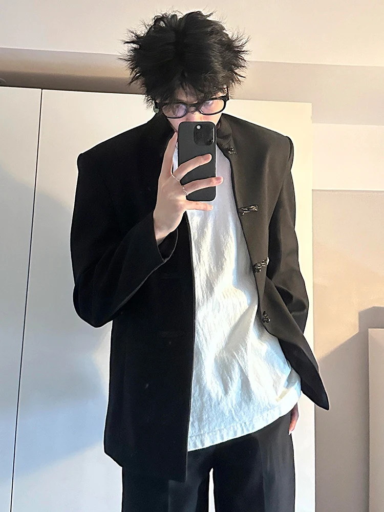 

New Chinese Sle Men's Suit Jaet with Button oulder Pads Spring Autumn High Sensation Cool Stand Collar Zhongan Suit