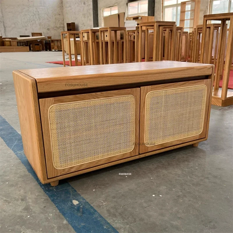 #Japanese Rattan Shoe Cabinets Home Doorway Flip-top Storage Ottomans Luxury Living Room Furniture Solid Wood Shoe Changing Stoo