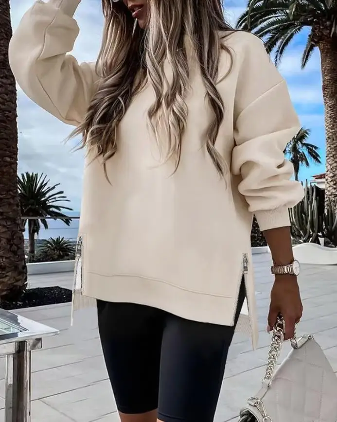 Women's Sweatshirts 2025 Spring New Round Neck Drop Shoulder Long Sleeve Zipper Side Slit Sweatshirt Casual High-Low Hem Top