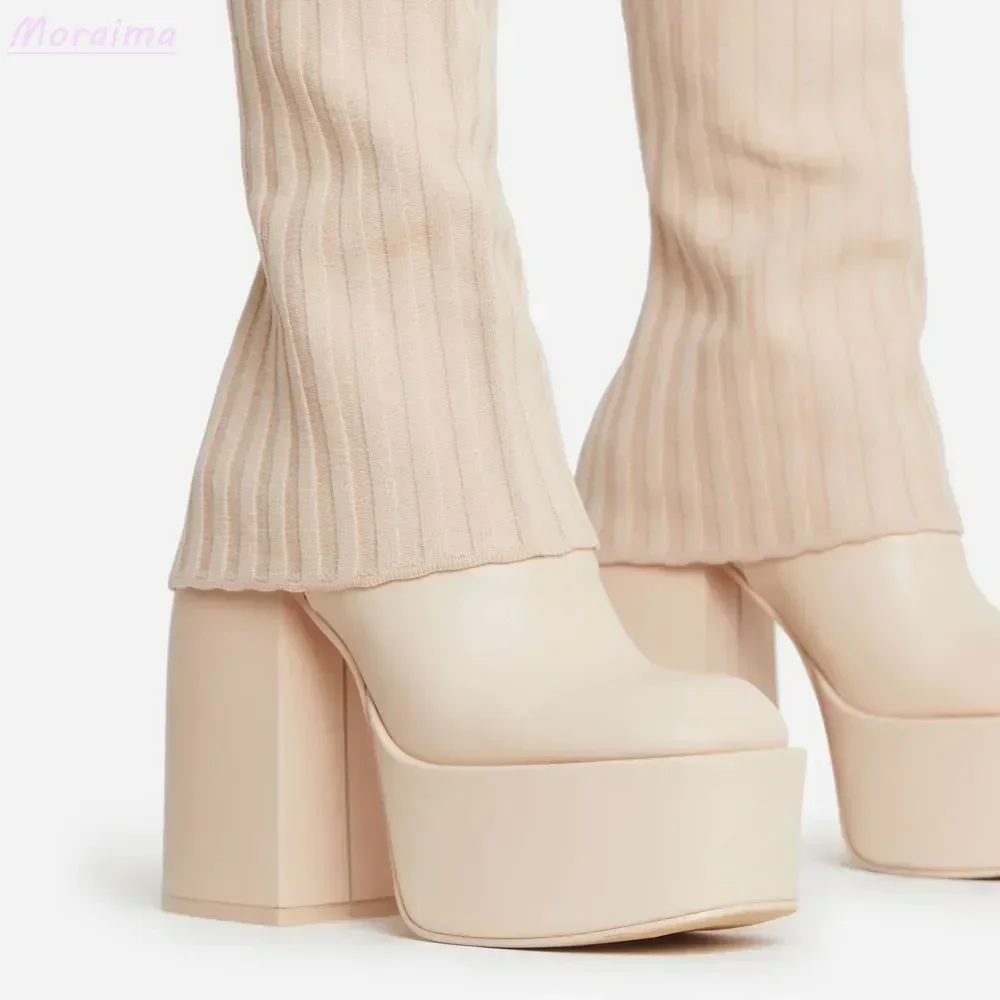Layered Knit Platform Knee-High Boots Leather Block Chunky Heel Pointed Toe White Solid Modern Women Shoes New Arrivals Autumn
