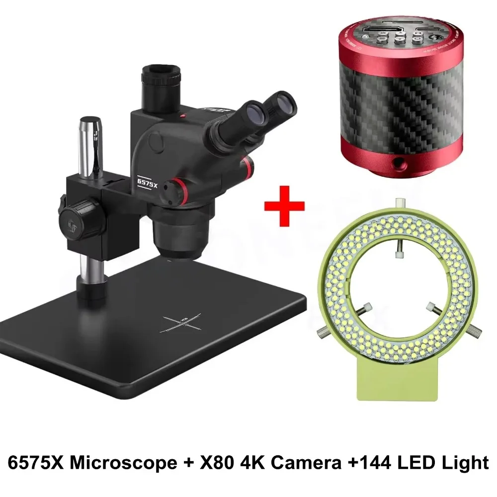 6575X Ultra HD Trinocular Microscope with Large Base for Phones PCB Welding Microscope 4K  144 LED Light Tools Set Kit