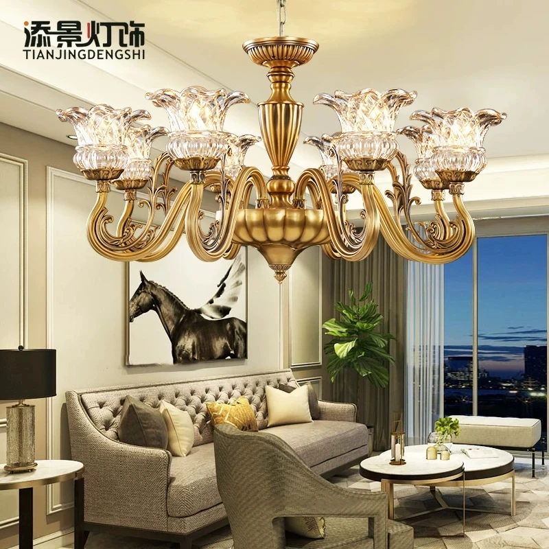 Crystal bedroom pendant light, living room lighting, American style all copper art crystal dining room pendant light