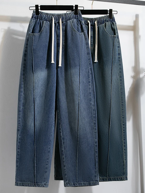 

Loose High Waist Wide Leg Jeans for plus Size Women Vintage Splicing Design Casual Straight Cut Cotton Trousers