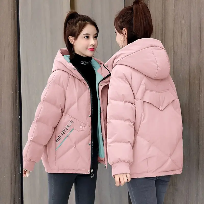 Abrigo de plumón de algodón para mujer, chaqueta con capucha, parka holgada de estilo medio, prendas de vestir rectas estampadas, novedad de