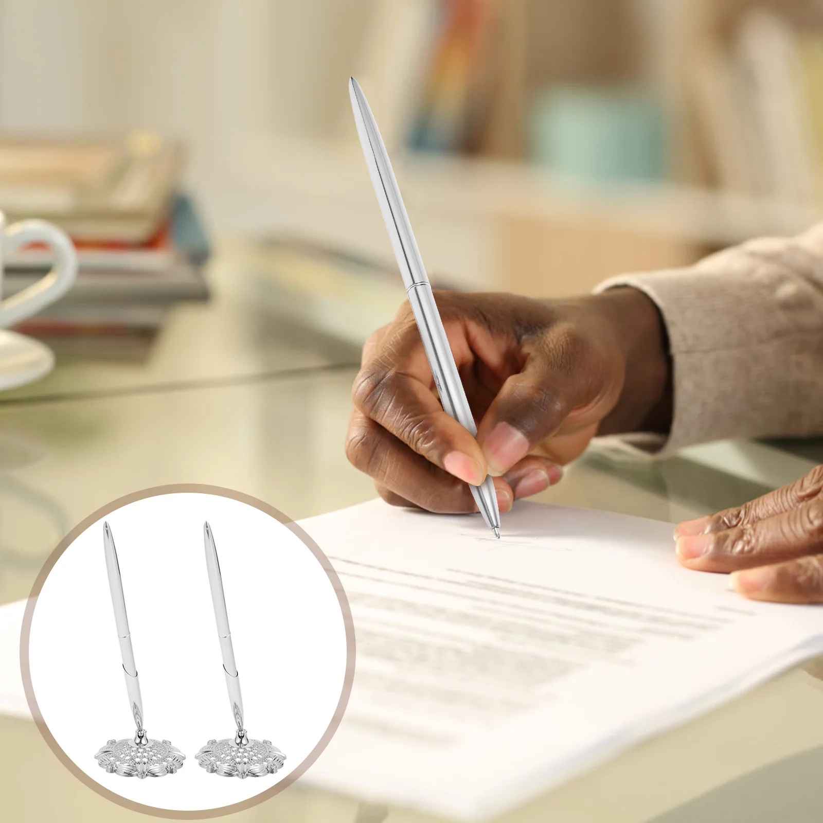 

2Pcs Signature Desk Pens Business Ballpoint Pen Vertical Table Stand Desktop Writing Pen Professional Office Accessory