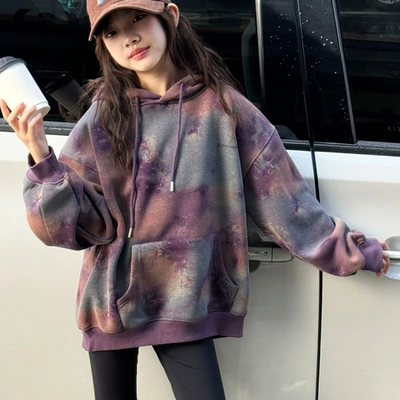 Girls Hoodies Autumn Winter 2025 Children's Thickened Sweater Warm Teenager Velvet Tops Tie-dye Baby Pullovers Toddler Outfits