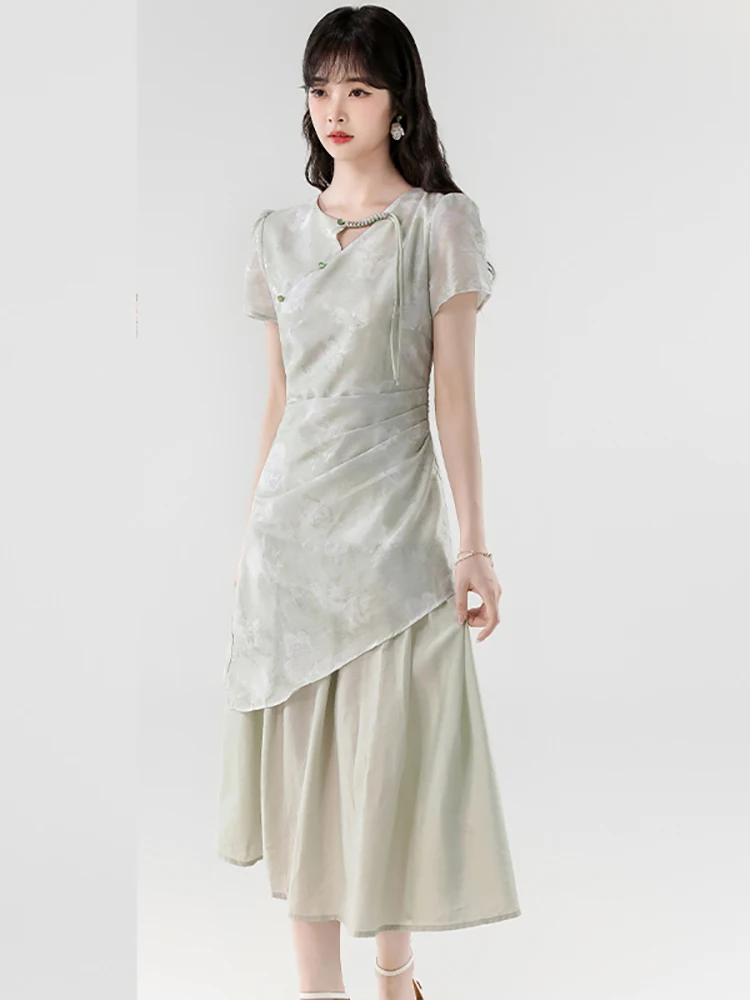 女性用グリーンジャカードパッチワークフェイクツーピースドレスサマープリーツボディコンカジュアルドレス2025韓国エレガントフェスティバルパーティードレス