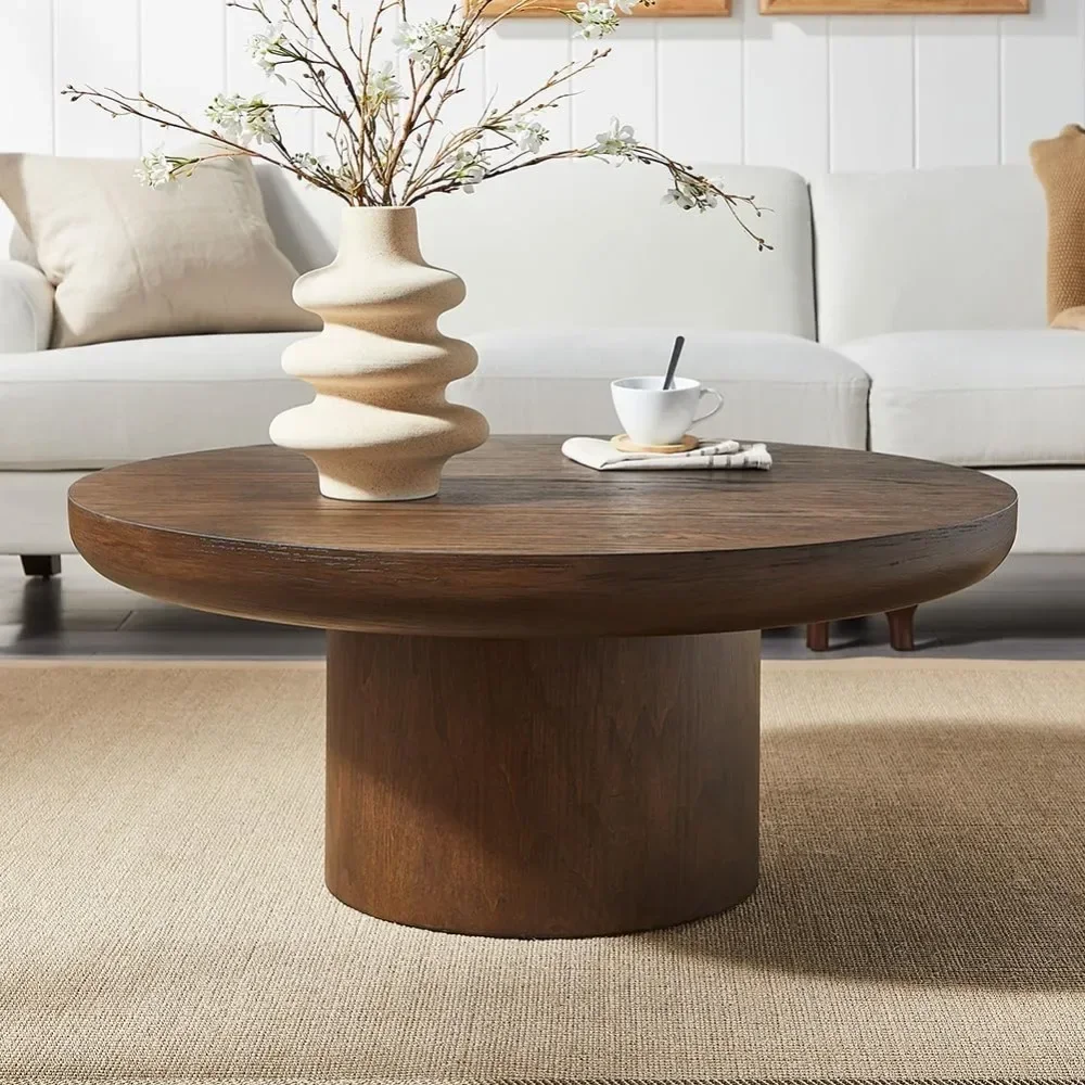 

Round Wood Coffee Table for Living Room Modern Circle Coffee Table Pedestal Center Table for Apartment, Easy Assembly Brown