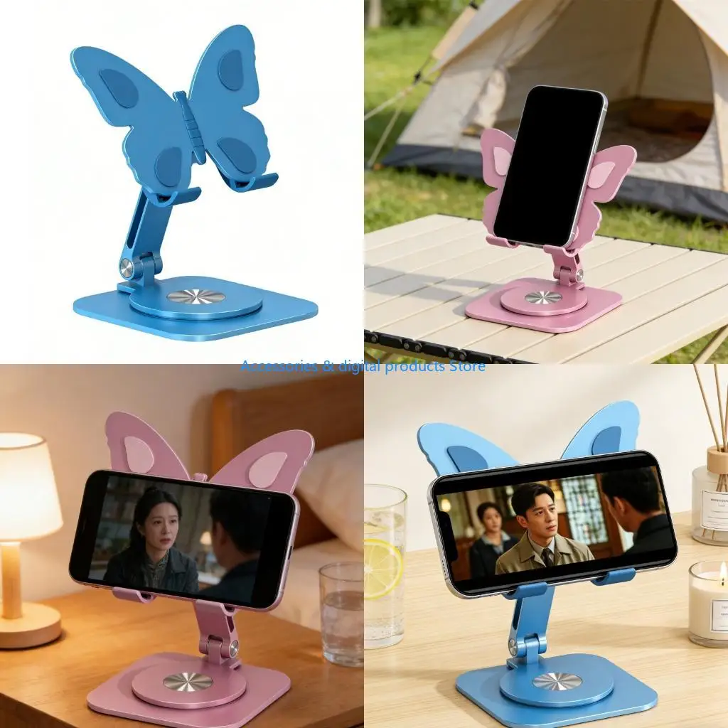 77JD Phone Holder Aluminum Desktop Stand Swivels Base Adjustable Butterfly Design For Streaming Gaming Video Calls