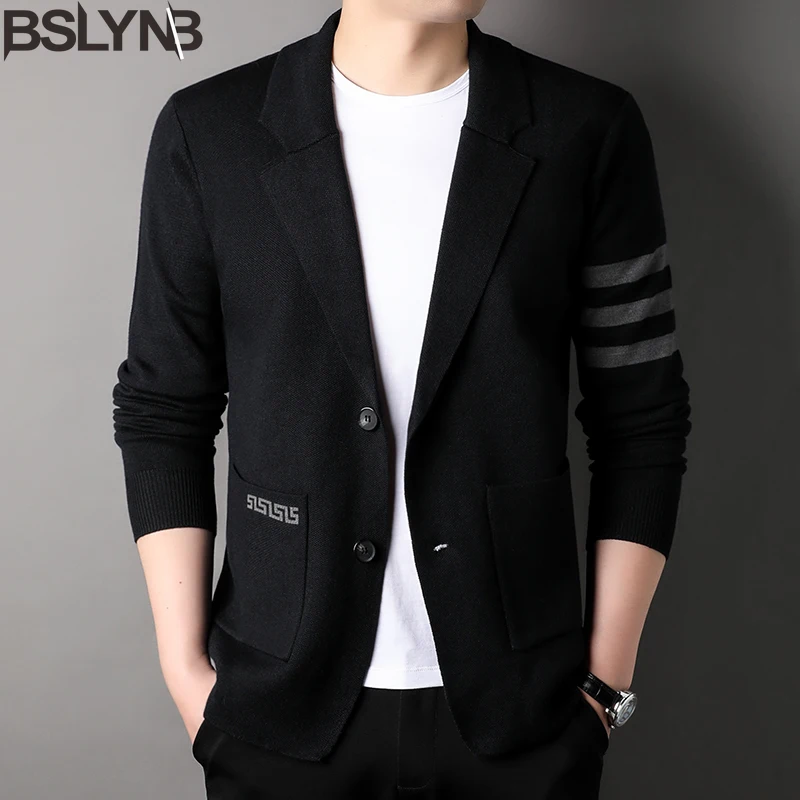 High Quality Autumn Winter Fashion Cardigan Sweater Men's Long Sleeve Knitted Sweater Suit Blazer Pocket Tops