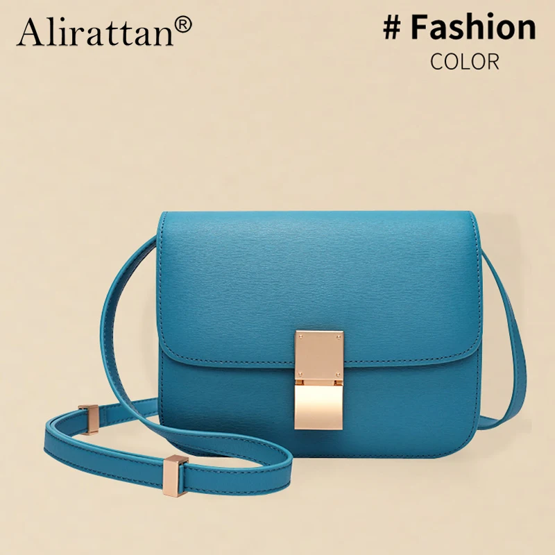 

Alirattan 2024 New Leather Stewardess Bag Fashion Cowhide Ladies Shoulder Tofu Bag Oblique Empty Simple Wild Small Square Bag