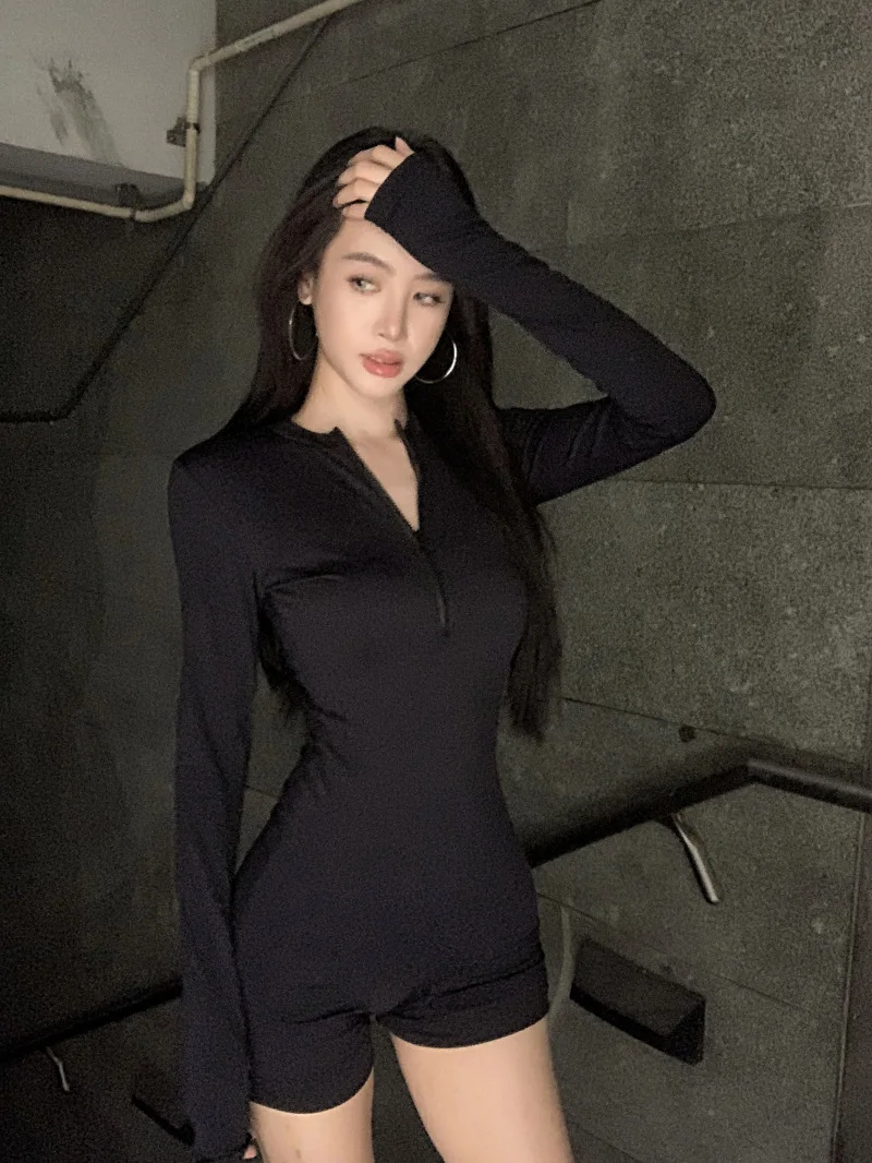 Women Clothes Aesthetic Bodysuits Punk Zipper Long sleeves palysuits 90s Korea Harajuku Overalls Jumpsuit Gothic Femme Shorts