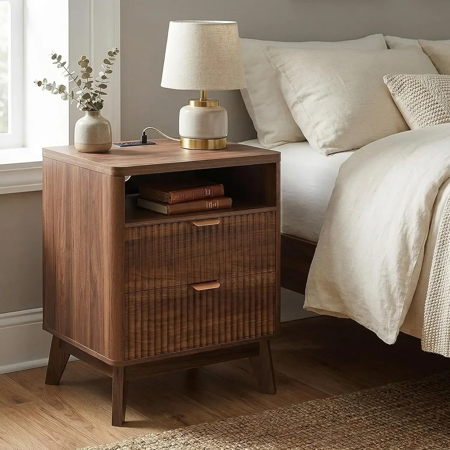Fluted Nightstand Charging Station 197 Inch Wide End Table Two Drawers Modern Wood Bedside Table Bedroom Brown One Piece