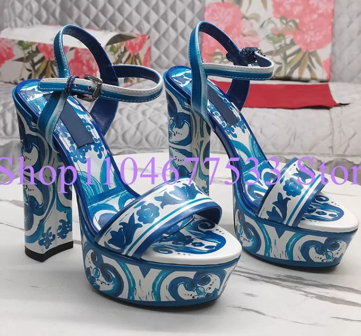 

Blue And White Porcelain Chunky Heel Plaform Sandals Lady Fashion Printed Flower Woman Dress Sandals Sexy Beach Shoes