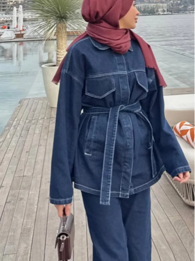 

Retro Denim Jacket Pants Sets Women Notched Belt Long Sleeved Coats Straight Leg Jean Female 2025 Spring High Street Lady Outfit