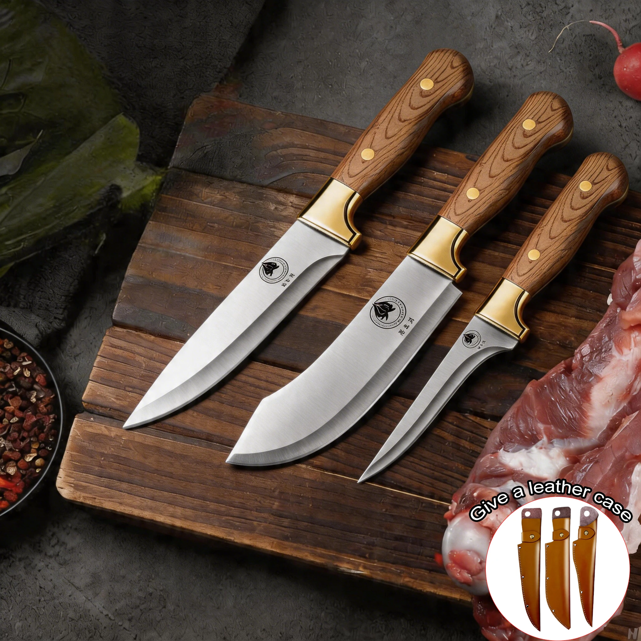 

1/3 set stainless steel bone-in knife kitchen cooking accessory, sharp chef's knife with skin cover for lamb, pork, and beef