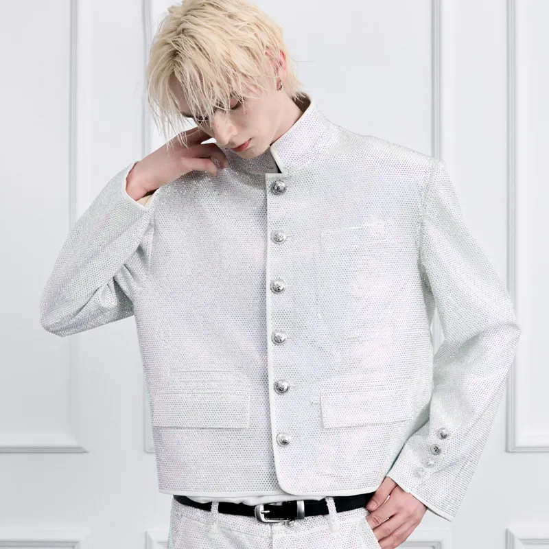 HKSH  Autumn Winter New Men Tide Punk Fashion Brand Sparkling Diamond Jacket Stage Performance Coat Elegant Chic Ins Top HK16530