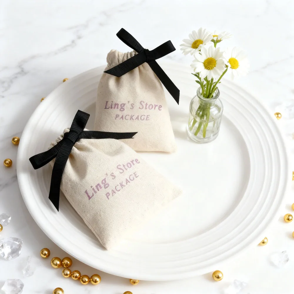 

50pcs Custom Logo Natural Cotton Ribbon Jewelry Bag Muslin Drawstring Gift Pouches Bowknot Pocket Cosmetic Party Wedding Favors