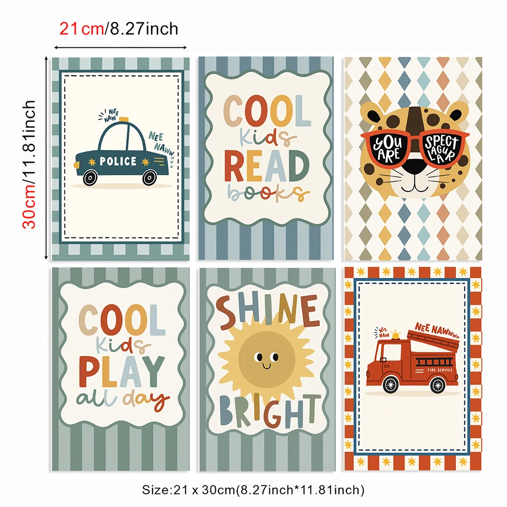 Set of 6 Kids Police Car Fire Truck Leopard Sunshine Reading Canvas Posters Nursery Wall Art Boys Bedroom Playroom Decor
