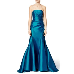 Elegant Long Peacock Blue Satin Pleated Evening Dresses Mermaid Strapless Sweep Train Wedding Guest Dress for Women