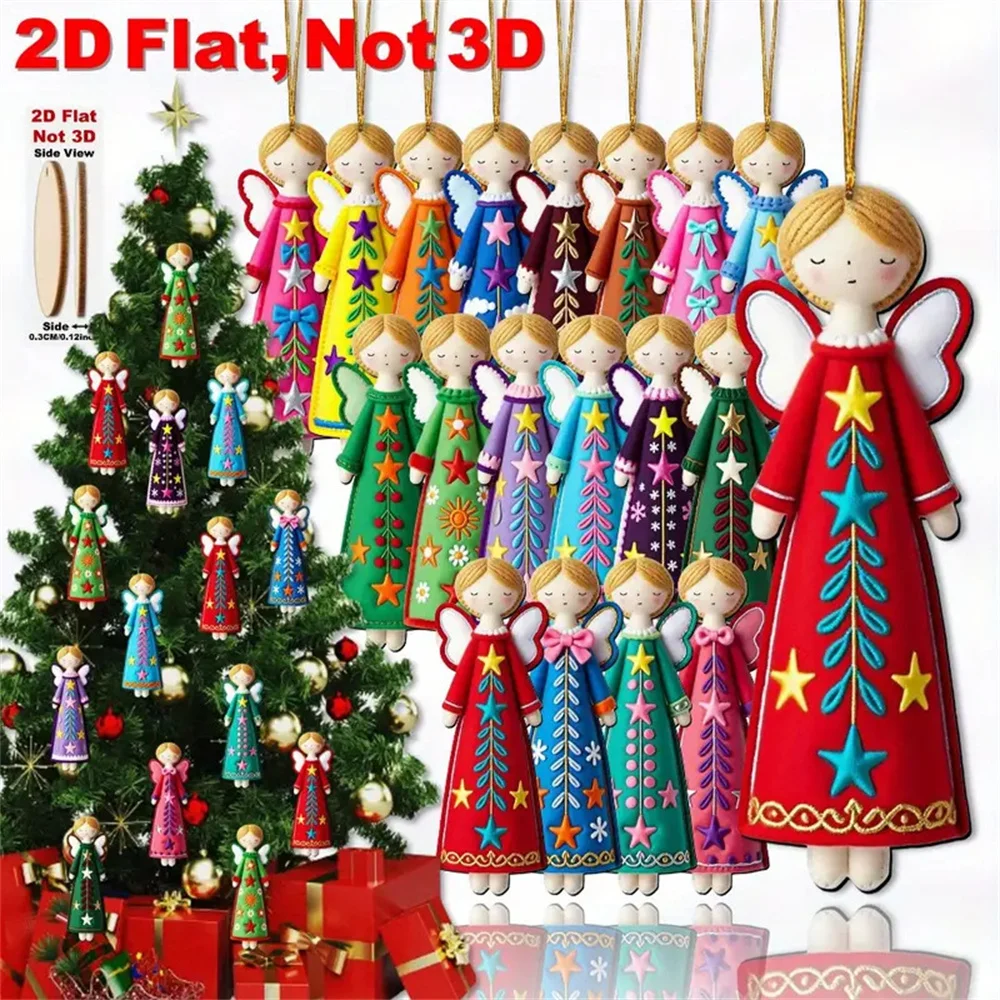 Bunte Engel-Ornamente – künstliche hölzerne flache 2D-Engel-Hängedekorationen, Weihnachtsbaum-Topper, Geschenkanhänger, Party-Heimgeschenk
