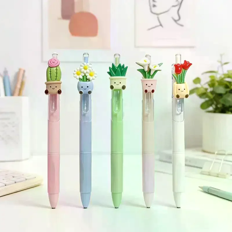 5Pcs Cute Plant Retractable Ballpoint Pen Quick Dry Floral Pattern Smooth Writing for Educational Supplies
