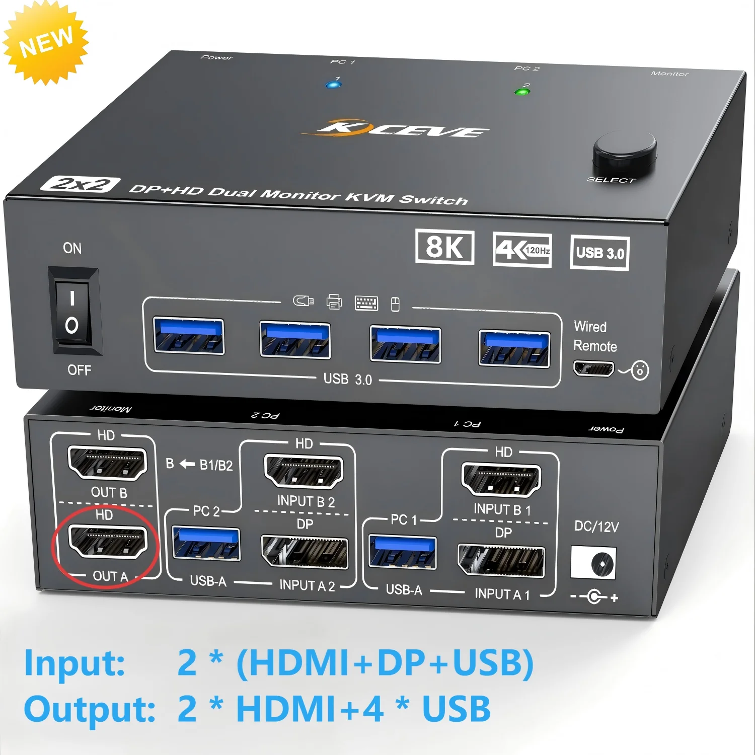 

KVM-переключатель 4K при 144 Гц, 2 монитора, 2 компьютера, 8K при 60 Гц, HDMI-дисплей, двойной мониторный переключатель с 4 портами USB3.0 для клавиатуры и мыши
