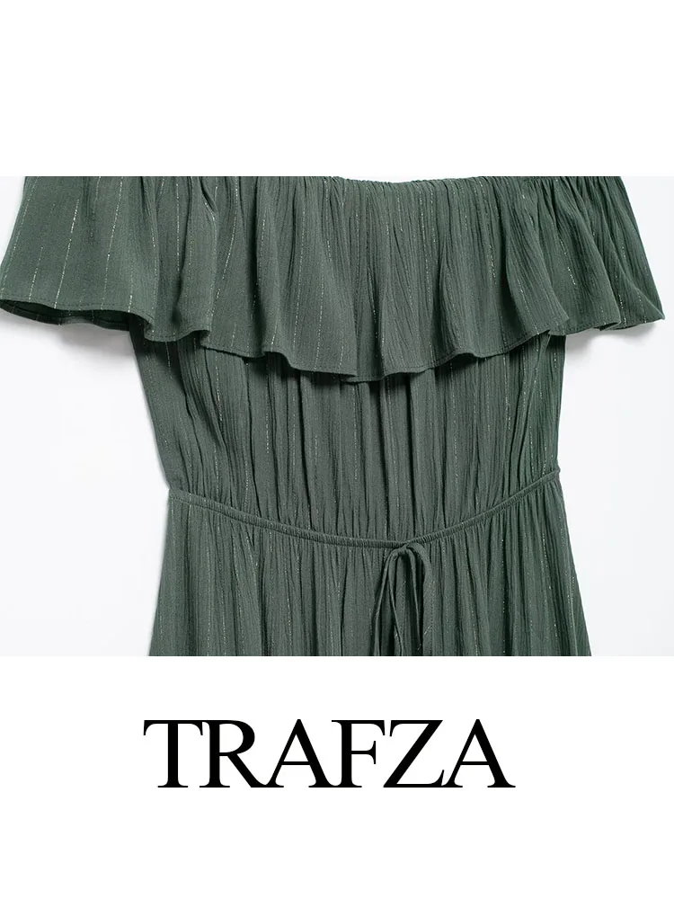 TRAFZA Summer women's Chic Dresses Green One-word Collar Backless Lace-up decorativo Metallic Striped plissettato Midi Dress Mujer