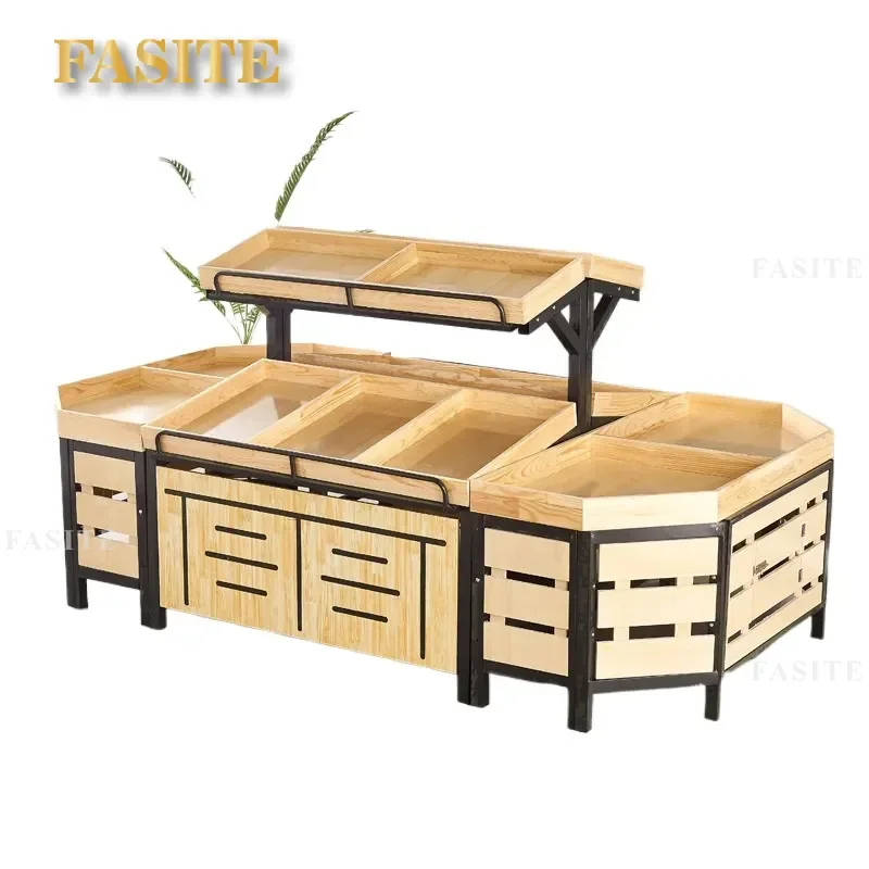 For Supermarket Steel and Wood Fruit Vegetable Display Shelf Commercial Convenience Store Produce Rack Sturdy Storage Stand