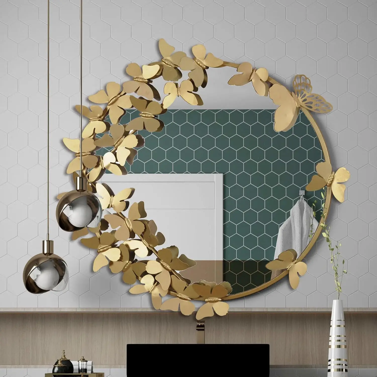 

Gold Mirrors for Wall, Butterfly Round Wall Mirror Decorative for Living Room,Bathroom, 27.5Inch Large Circular Metal Framed