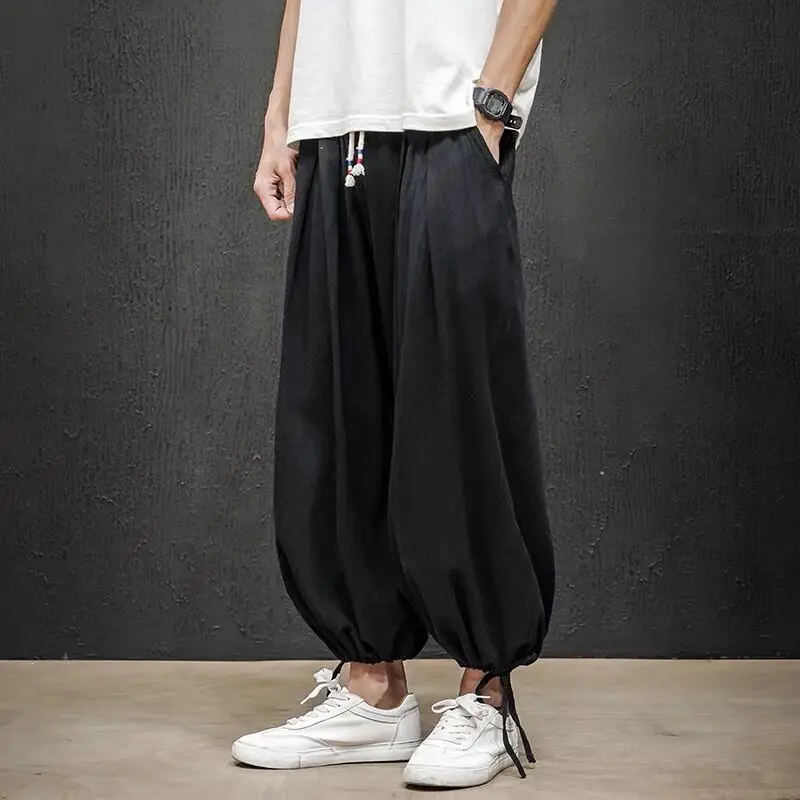 Drawstring Cuffs Men Pants Spring Summer Linen Trousers Male Casual High Street Y2K Chic Patalon Japan Harajuku Style Moto Biker