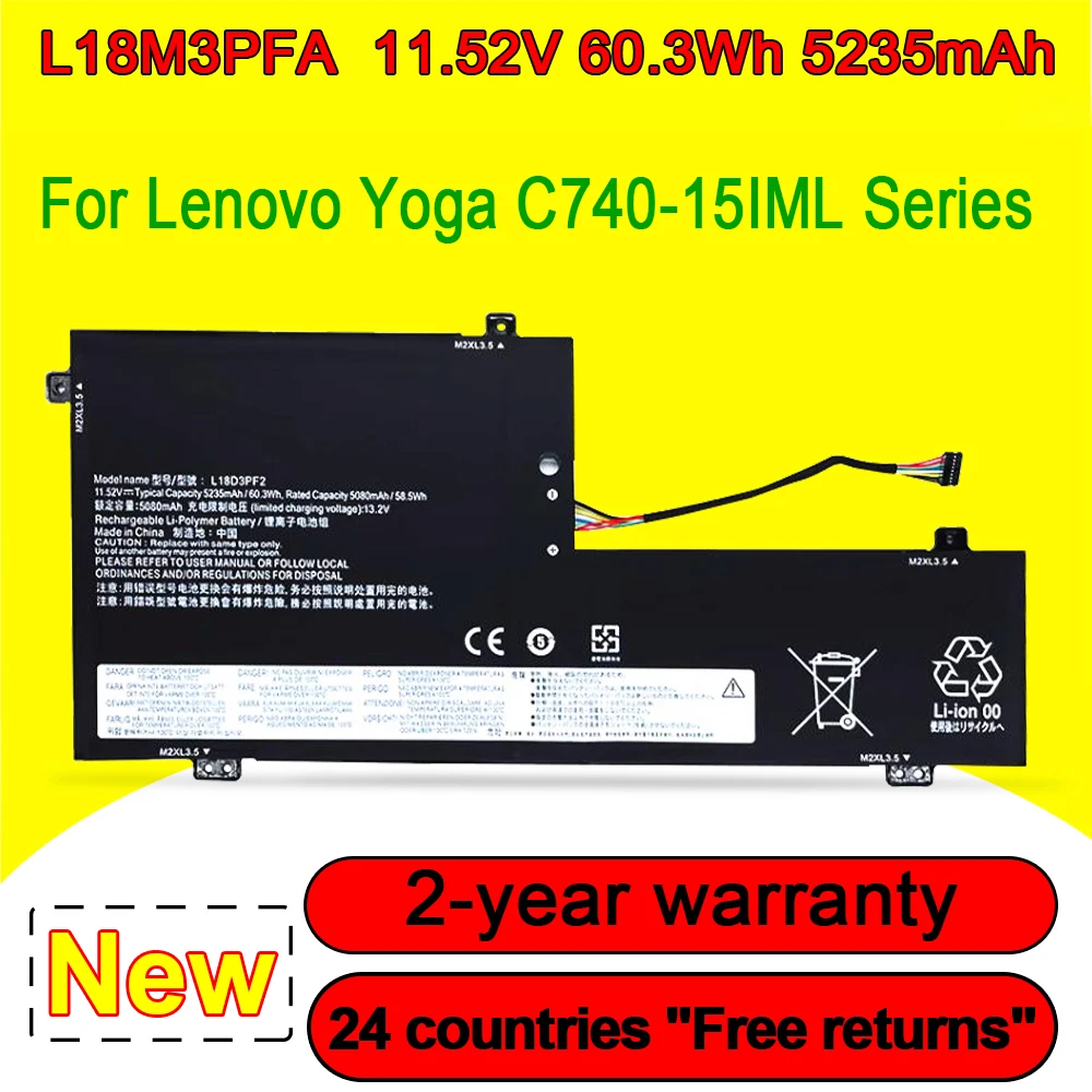 

L18M3PFA For Lenovo Yoga C740-15IML 81TD Series Laptop Battery L18D3PF2 5B10W67402 5B10T83740 5B10T83739 11.52V 60.3Wh 5235mAh