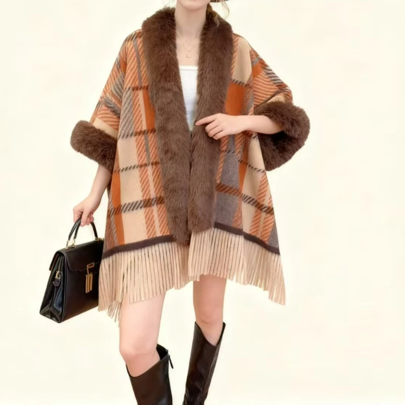 Autumn and Winter Women's Casual Cape Shawl Plaid Fringed Coat Elegant Party Versatile #4
