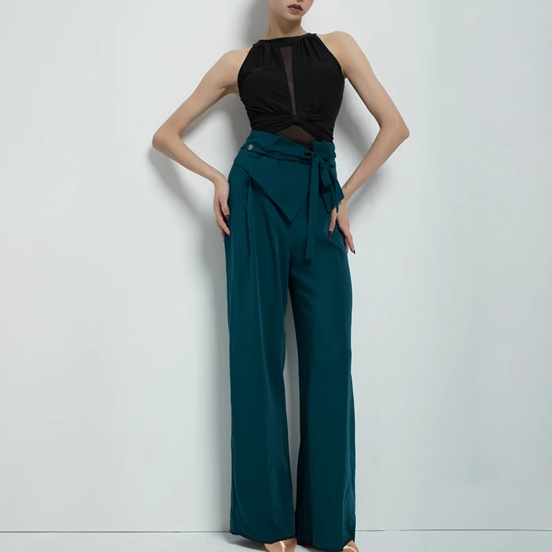 Strój do tańca towarzyskiego damski standardowy nowoczesny taniec występ spodnie do ćwiczeń czarny top z siateczki strój treningowy dla dorosłych 2338