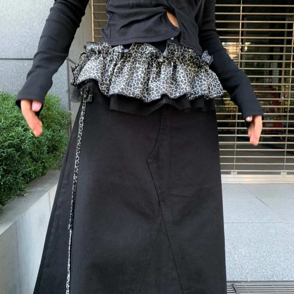 Hip-hop Leopard Print Hip Scarf Skirt Sweet Mesh Ruffled Edge Waistband Y2K Shirt Extender Layer Outfits Belt Waist Accessories