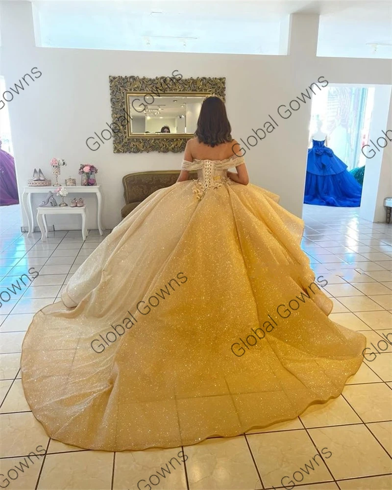 Szampan Off The Shoulder suknia Quinceanera sukienki dla dziewczynek zroszony impreza celebrytów suknie plisy warstwowa Graduation Vestido