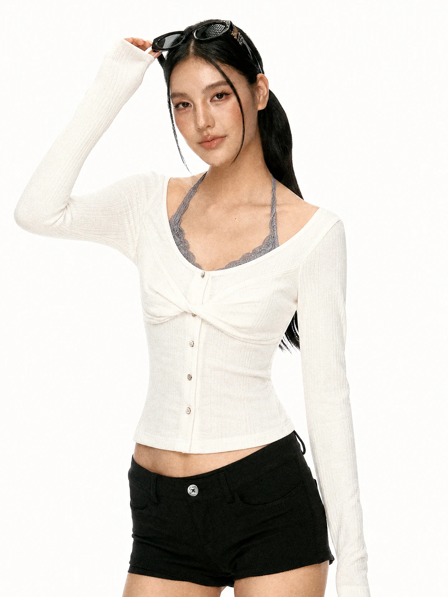 White Knotted Long Sleeve T-Shirt Women's Early Autumn Slimming Shoulder Baring Neck Hanging Base Shirt Top Casual Style