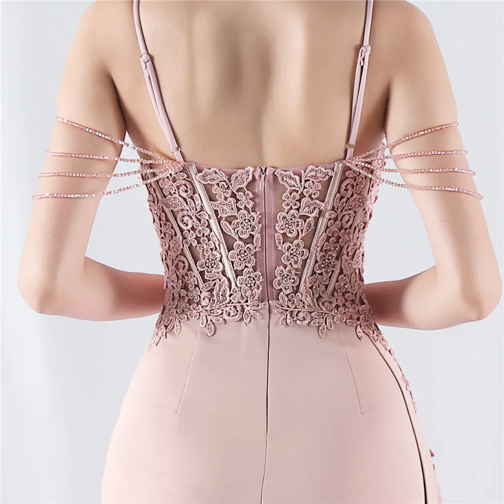 Customized Women's Spaghetti Strap Deading Lace Floral  High Split Mermaid Prom Dress  Wedding Dress Elegant Evening Gown