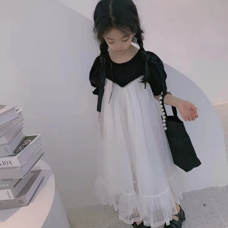 

Girls' dress with pearl mesh and lace-up design, princess dress26New summer children's clothing wholesale3-8Years Old