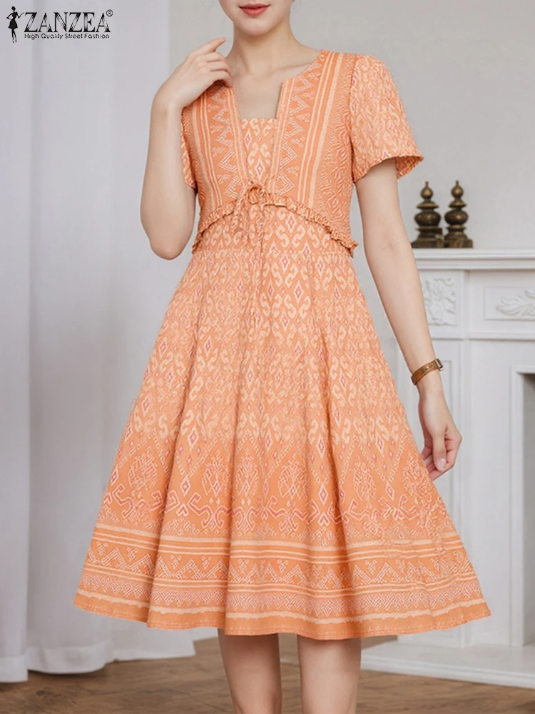 

ZANZEA 2025 Printed Dress Vintage Short Puff Sleeve Sundress Patchwork Summer Vestidos Bohemian Bow Lace-Up Casual Loose Robe