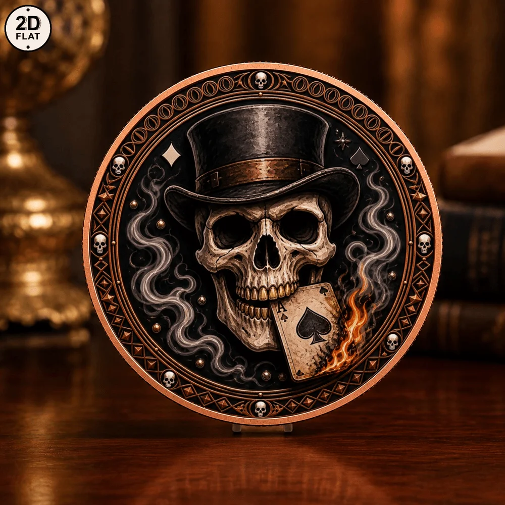 1pc Gothic Skull Top Hat Collectible Coin Smoke Flame Ace Spade Playing Card 1 OZ .999 Copper Token Dark Art Lover Desktop Decor