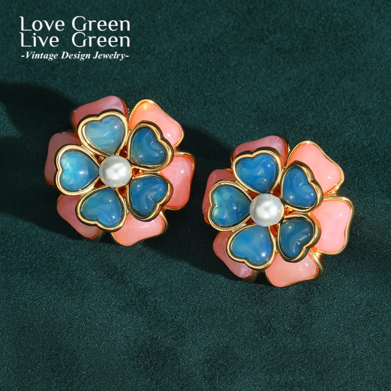 

Vintage Blue Pink Flower Earring Stone Natural Rose Quartz Pearl For Woman Accessories Luxury Quality Designer Christmas Wedding