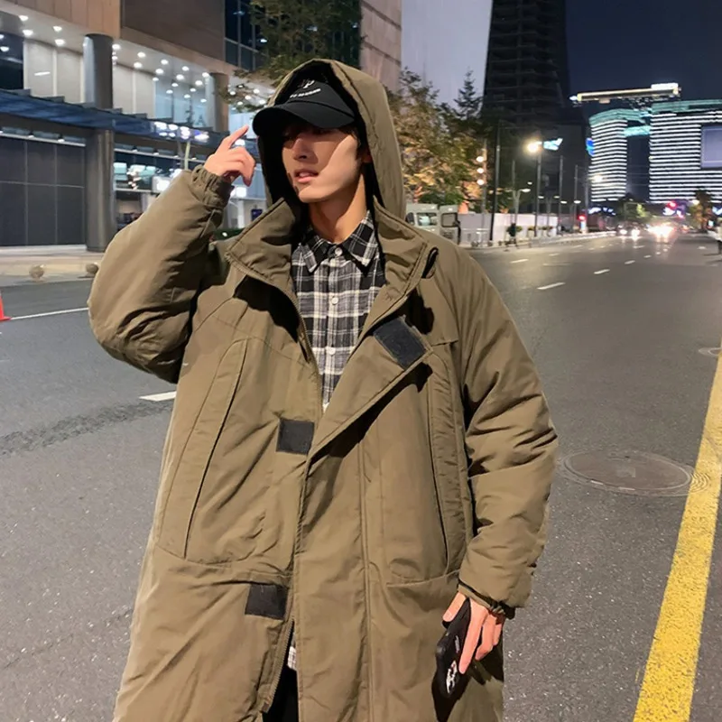 Cargo Parkas Men Japanese Street Simple Loose Long Hooded Coats Zip Up Solid Winter Newly Trendy Outwear Leisure Vintage Ins